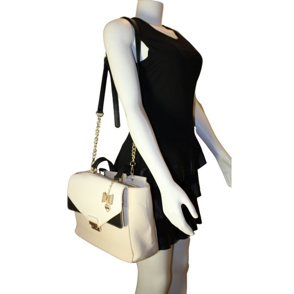 Guess Satchel Handbag Purse Beige Black White - Picture 3 of 3